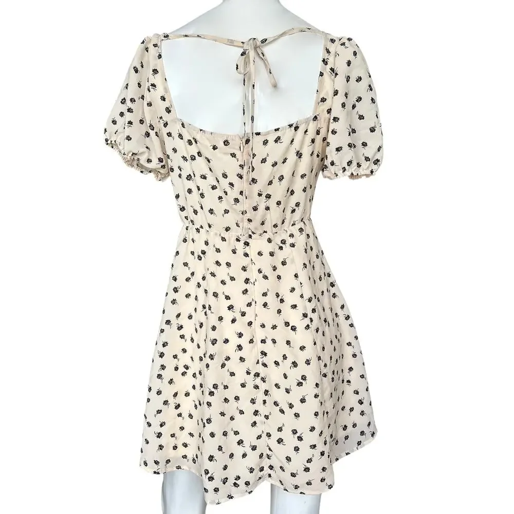 French Kiss Cream Floral Mini Dress Puff Sleeve Tie Front Size M - Picture 2 of 8
